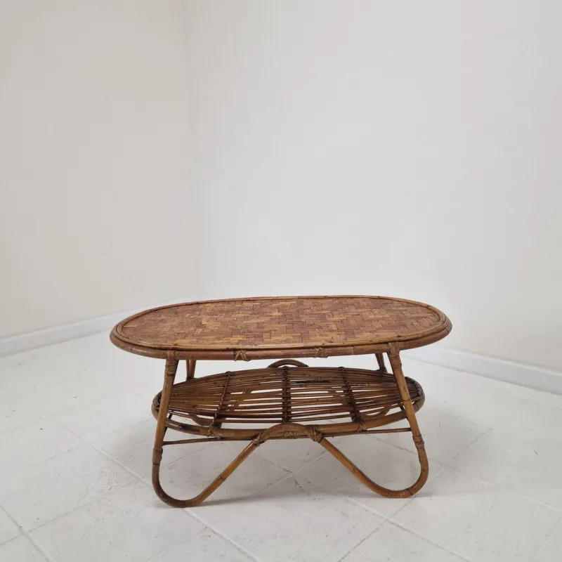 Pamono Italian Wicker and Rattan Coffee Table, 1970s
