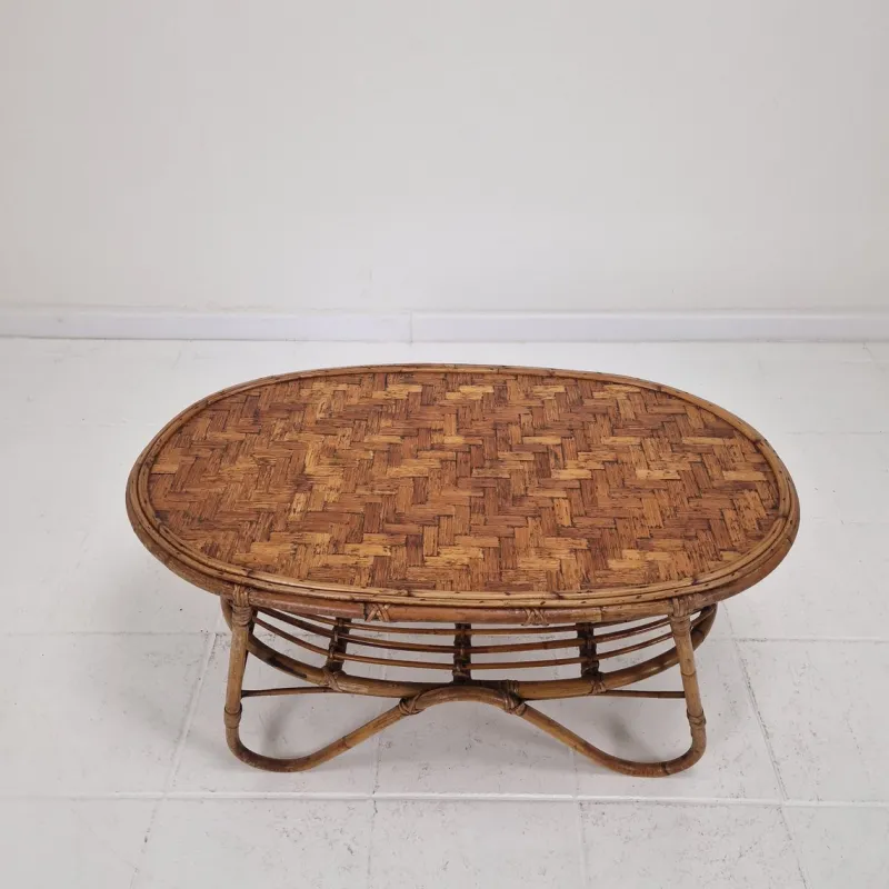 Pamono Italian Wicker and Rattan Coffee Table, 1970s