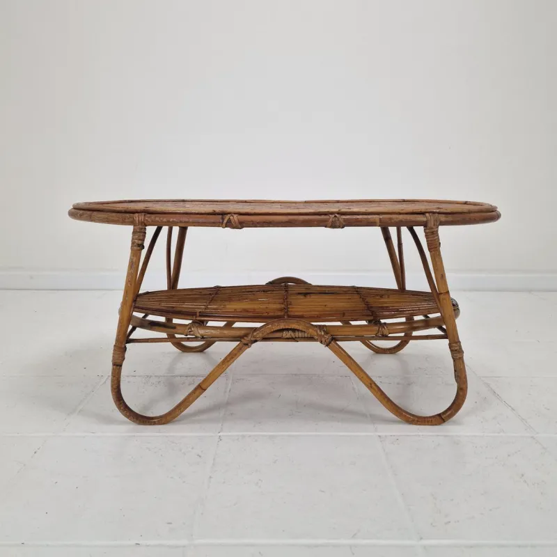 Pamono Italian Wicker and Rattan Coffee Table, 1970s