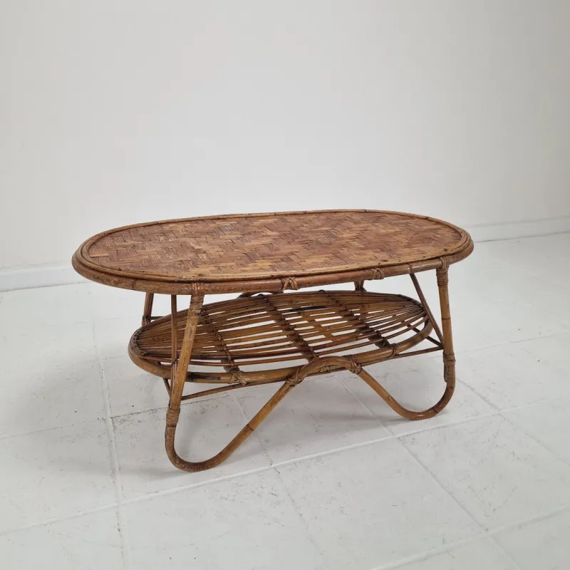 Pamono Italian Wicker and Rattan Coffee Table, 1970s