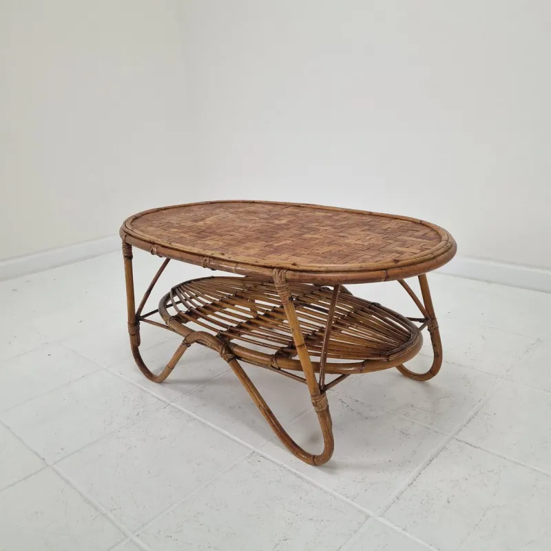 Pamono Italian Wicker and Rattan Coffee Table, 1970s