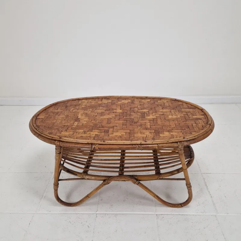 Pamono Italian Wicker and Rattan Coffee Table, 1970s