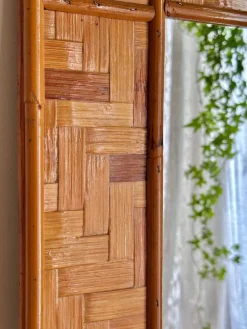Pamono Italian Woven Rattan Mirror with Stitched Bamboo Details, 1970s><noscript><img width=
