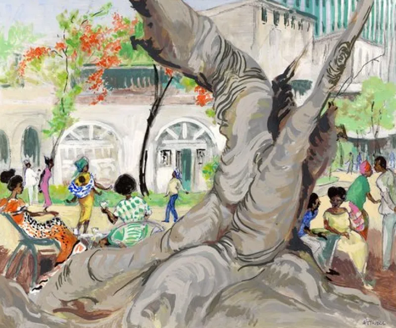 Pamono Ivy T. Attwell, Watching the World Go by, Africa, 1950s, Gouache Painting> Work On Paper
