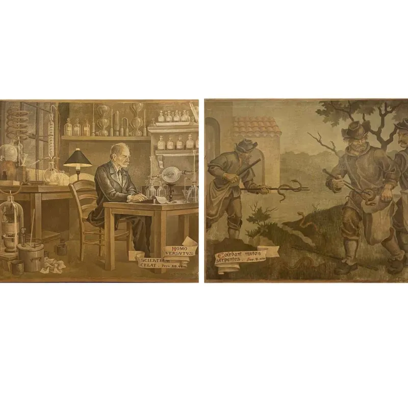 Pamono J. J. Borghetto, The Alchemist and the Snake Hunter in Pendant, 1945, Oil on Canvases, Set of 2> Mid-Century