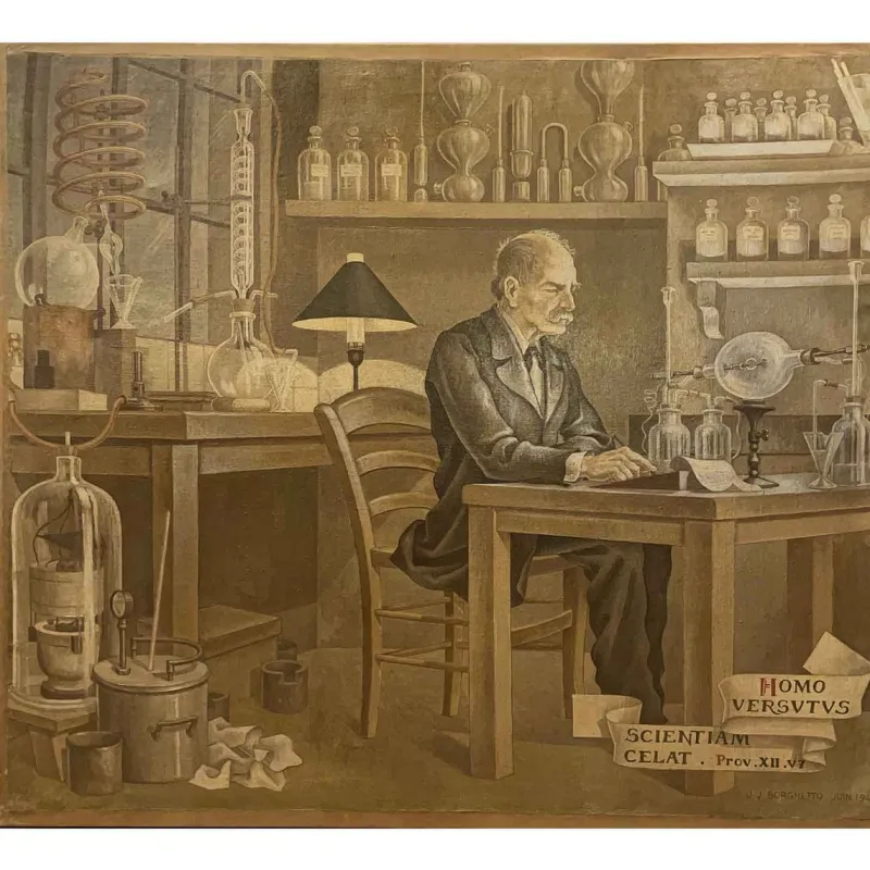 Pamono J. J. Borghetto, The Alchemist and the Snake Hunter in Pendant, 1945, Oil on Canvases, Set of 2> Mid-Century