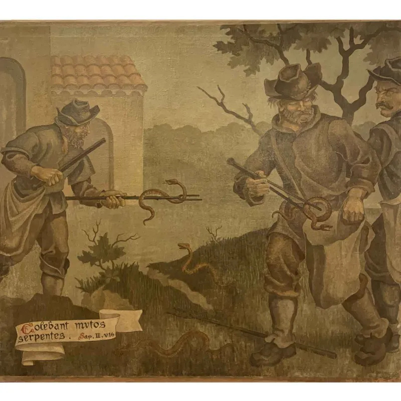 Pamono J. J. Borghetto, The Alchemist and the Snake Hunter in Pendant, 1945, Oil on Canvases, Set of 2> Mid-Century