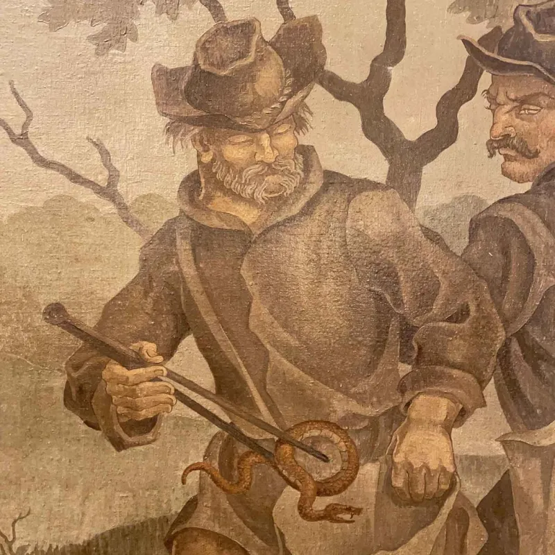 Pamono J. J. Borghetto, The Alchemist and the Snake Hunter in Pendant, 1945, Oil on Canvases, Set of 2> Mid-Century