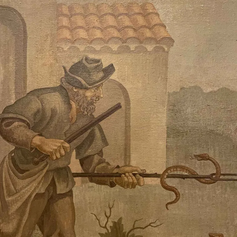 Pamono J. J. Borghetto, The Alchemist and the Snake Hunter in Pendant, 1945, Oil on Canvases, Set of 2> Mid-Century