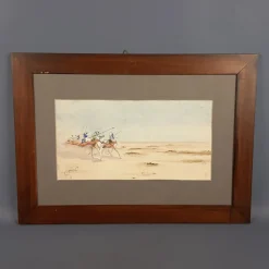 Pamono J. J. Saurat, Subjects on Camels in the Desert, 20th Century, Watercolor, Framed
