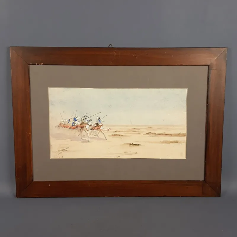 Pamono J. J. Saurat, Subjects on Camels in the Desert, 20th Century, Watercolor, Framed