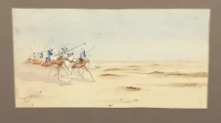 Pamono J. J. Saurat, Subjects on Camels in the Desert, 20th Century, Watercolor, Framed