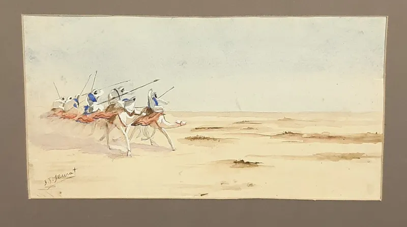 Pamono J. J. Saurat, Subjects on Camels in the Desert, 20th Century, Watercolor, Framed