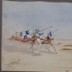 Pamono J. J. Saurat, Subjects on Camels in the Desert, 20th Century, Watercolor, Framed