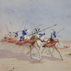 Pamono J. J. Saurat, Subjects on Camels in the Desert, 20th Century, Watercolor, Framed