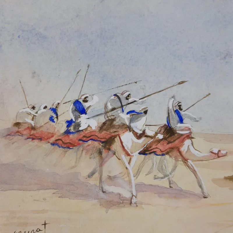 Pamono J. J. Saurat, Subjects on Camels in the Desert, 20th Century, Watercolor, Framed