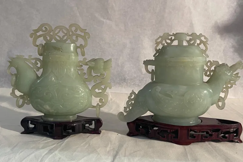 Hot Pamono Jade Potiche Dragon and Rooster Vases, 19th Century, Set of 2