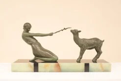 Best Pamono Janle, Art Deco Sculpture, Youth with Goat, France, 1930, Metal on Marble Base