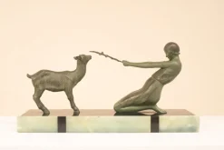 Best Pamono Janle, Art Deco Sculpture, Youth with Goat, France, 1930, Metal on Marble Base