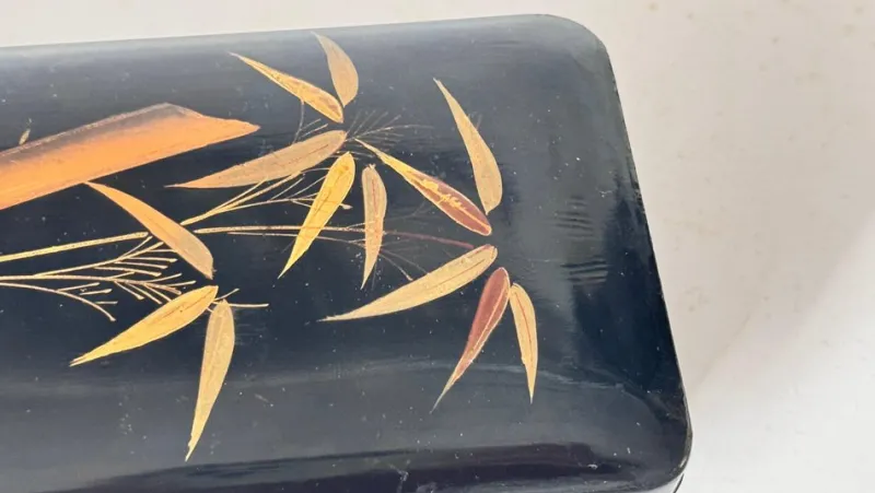 Pamono Japanese Black Lacquer Box with Gold Bird and Reed Motif Decorative> Trunks Crates & Baskets