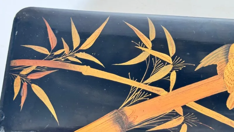 Pamono Japanese Black Lacquer Box with Gold Bird and Reed Motif Decorative> Trunks Crates & Baskets