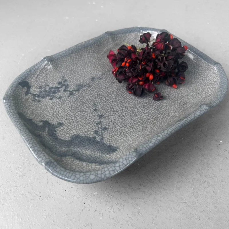 Pamono Japanese Craquelé Ceramic Dish with Sakura Decor, 1920s-1940s> Serving Dishes