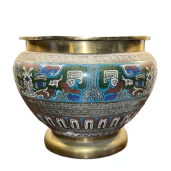 New Pamono Japanese Enamel and Brass Jardiniere, 1920s