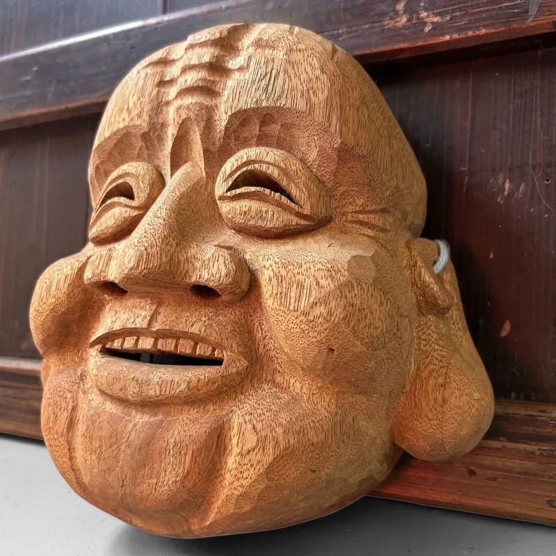 Pamono Japanese Hand-Carved Hotei God of Happiness Mask, 1980s> Wall Decor