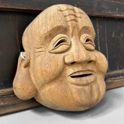 Pamono Japanese Hand-Carved Hotei God of Happiness Mask, 1980s><noscript><img width=