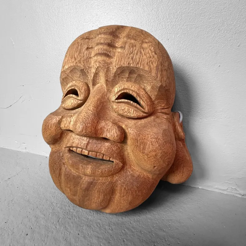 Pamono Japanese Hand-Carved Hotei God of Happiness Mask, 1980s> Wall Decor