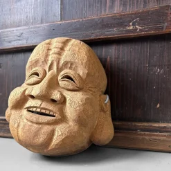 Pamono Japanese Hand-Carved Hotei God of Happiness Mask, 1980s><noscript><img width=