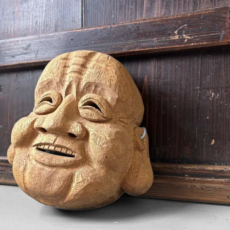 Pamono Japanese Hand-Carved Hotei God of Happiness Mask, 1980s> Wall Decor