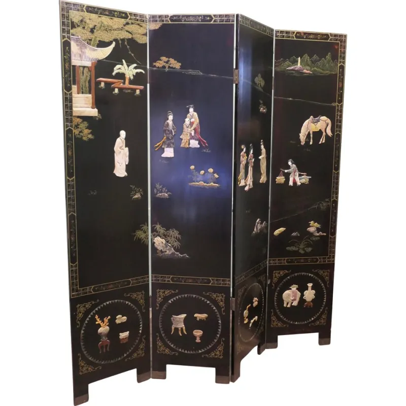Pamono Japanese Lacquered and Painted Folding Screen, 1930s> Room Dividers & Screens