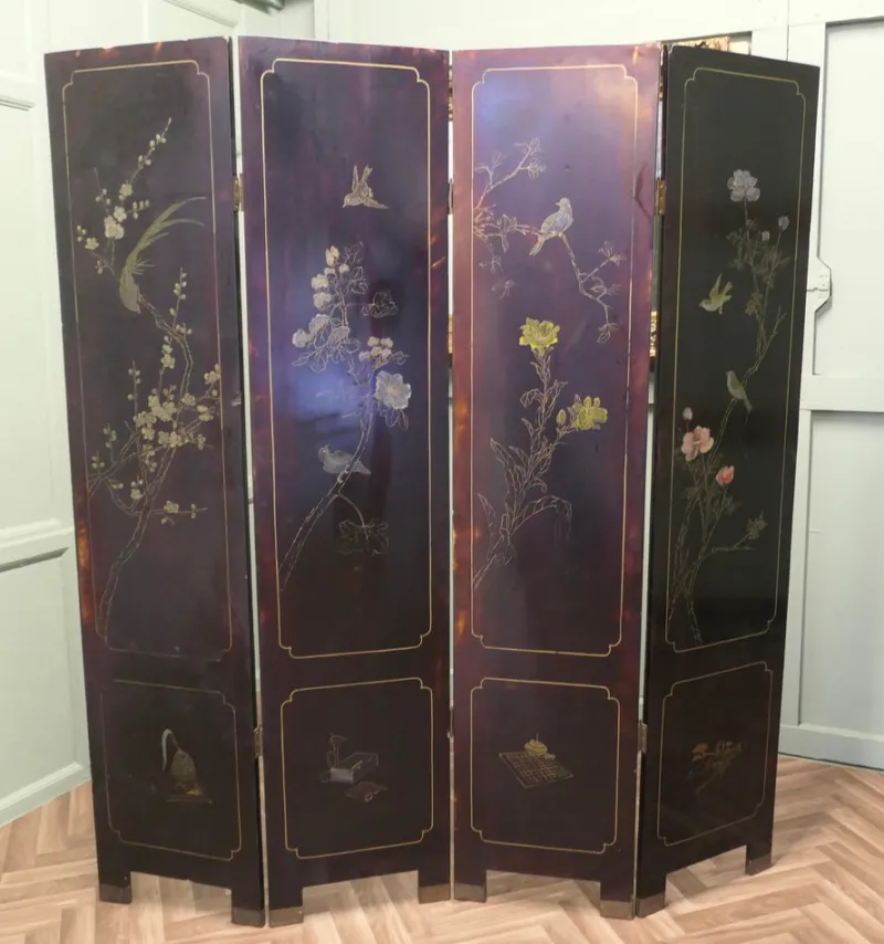 Pamono Japanese Lacquered and Painted Folding Screen, 1930s> Room Dividers & Screens