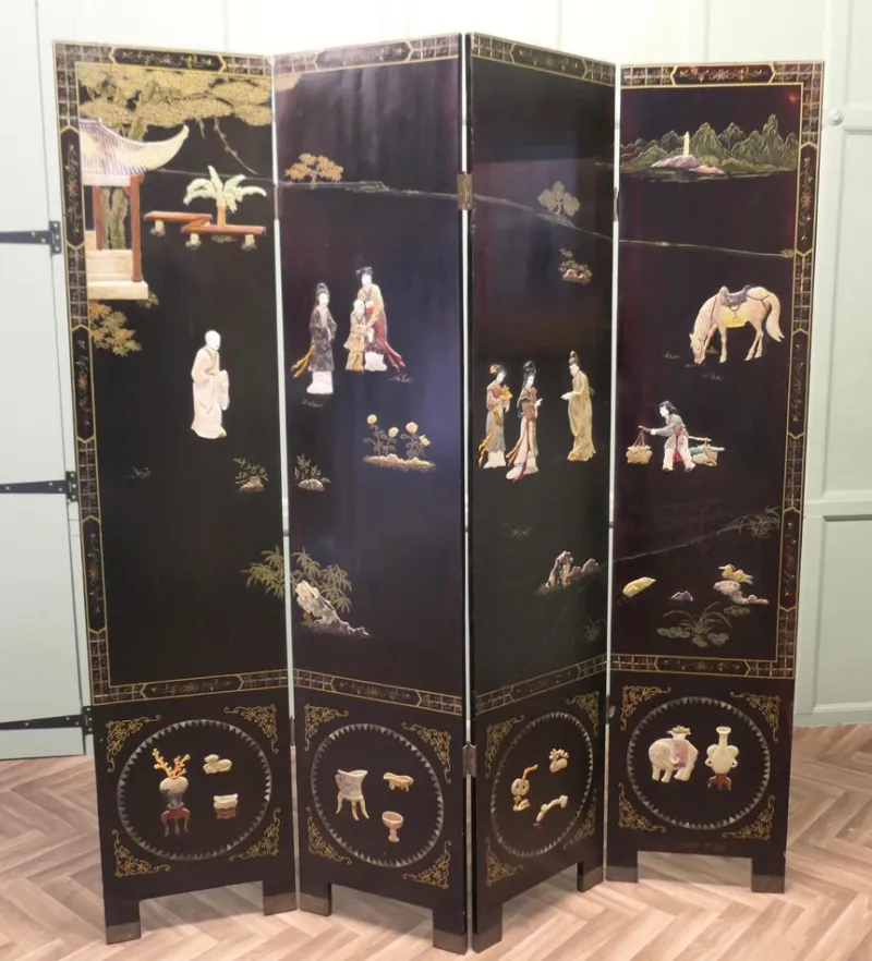 Pamono Japanese Lacquered and Painted Folding Screen, 1930s> Room Dividers & Screens