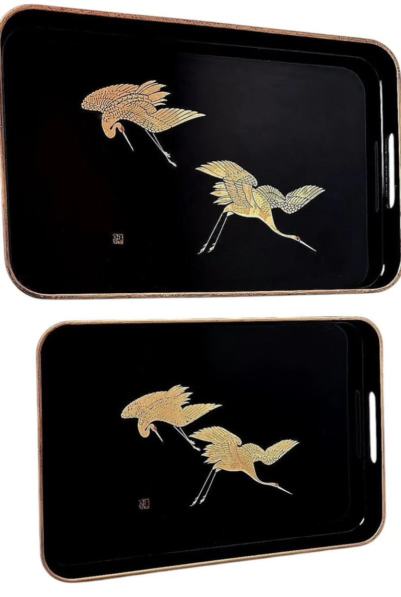Online Pamono Japanese Maki Style Black Lacquer Trays, 1960, Set of 2
