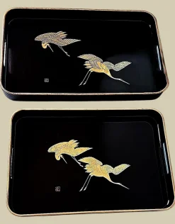 Online Pamono Japanese Maki Style Black Lacquer Trays, 1960, Set of 2