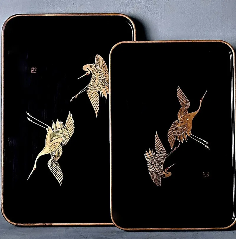 Online Pamono Japanese Maki Style Black Lacquer Trays, 1960, Set of 2