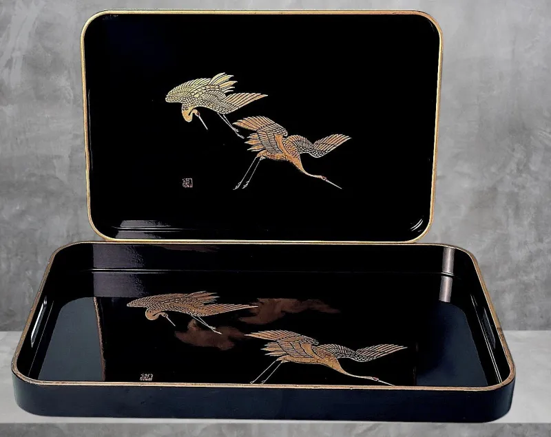 Online Pamono Japanese Maki Style Black Lacquer Trays, 1960, Set of 2