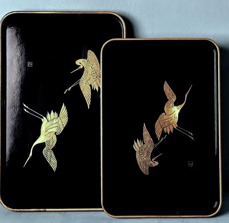 Online Pamono Japanese Maki Style Black Lacquer Trays, 1960, Set of 2