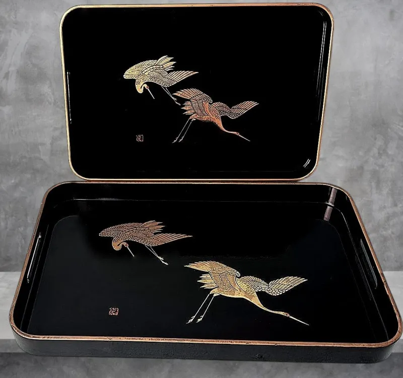 Online Pamono Japanese Maki Style Black Lacquer Trays, 1960, Set of 2