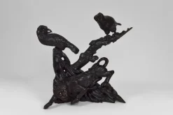 Pamono Japanese Meiji Era Artist, Large Okimono Sculpture with Lion and Crows, 1880s, Wood> Art Nouveau