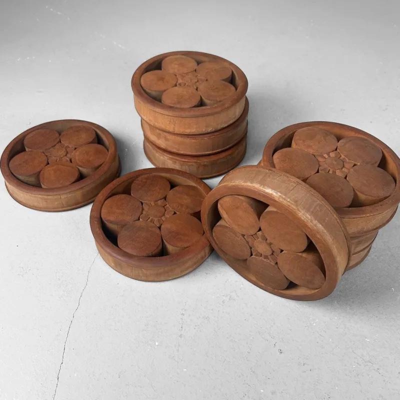 Pamono Japanese Wooden Plum Blossom Ornaments, 1920s, Set of 9> Wall Decor
