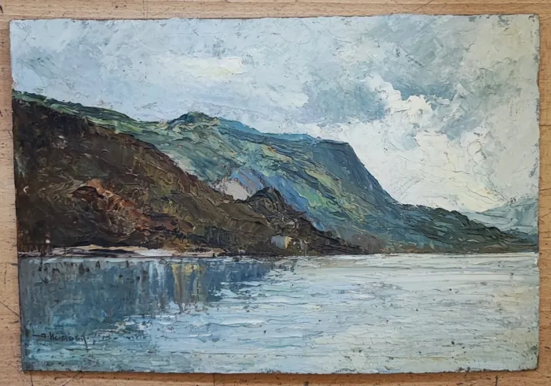 Hot Pamono Jean Heitmann, Paysage de lac et montagnes, 1939, Oil on Wood