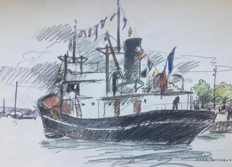 Pamono Jean Lachaud, Breton Tuna Boat at Quay, Signed Color Pencil Drawing> Work On Paper