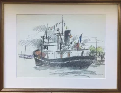 Pamono Jean Lachaud, Breton Tuna Boat at Quay, Signed Color Pencil Drawing> Work On Paper