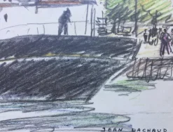 Pamono Jean Lachaud, Breton Tuna Boat at Quay, Signed Color Pencil Drawing><noscript><img width=