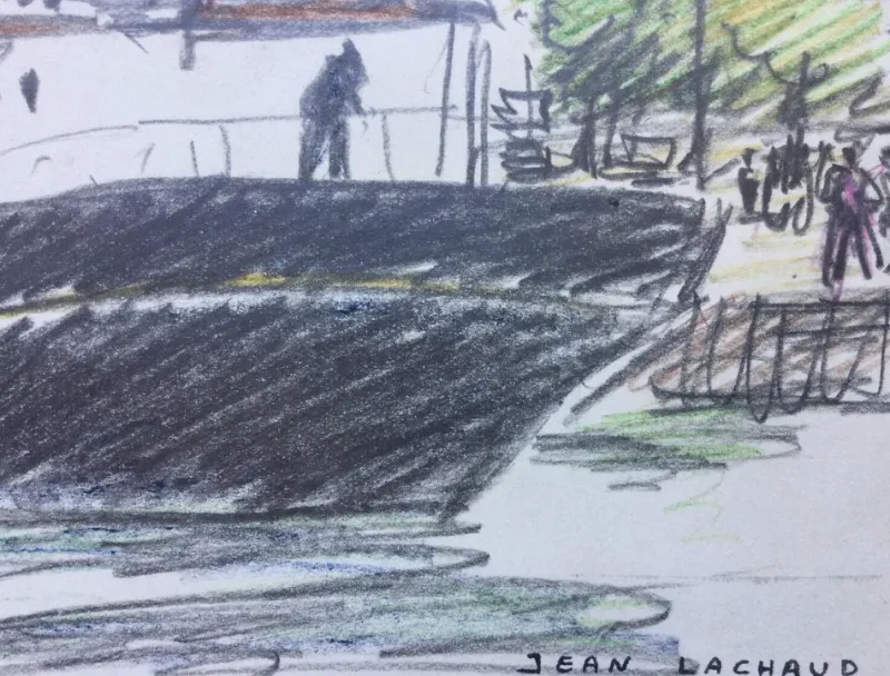 Pamono Jean Lachaud, Breton Tuna Boat at Quay, Signed Color Pencil Drawing> Work On Paper
