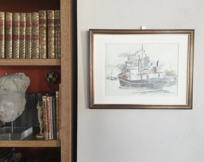 Pamono Jean Lachaud, Breton Tuna Boat at Quay, Signed Color Pencil Drawing> Work On Paper