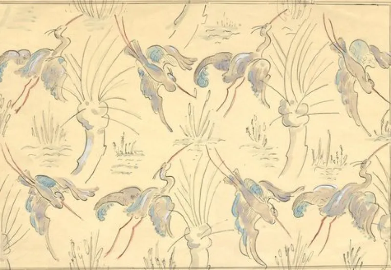 Pamono Jean Mary Ogilvie, Large Art Deco Stork Pattern, 1930s, Gouache> Art Deco